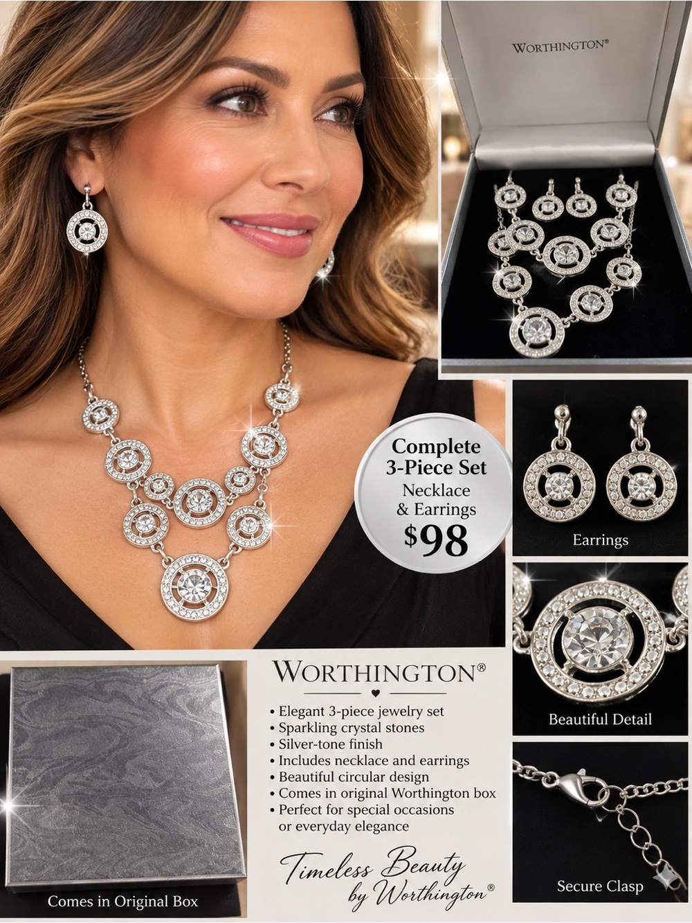 Worthington Silver-Tone Crystal Necklace & Earrings Set - Silver
